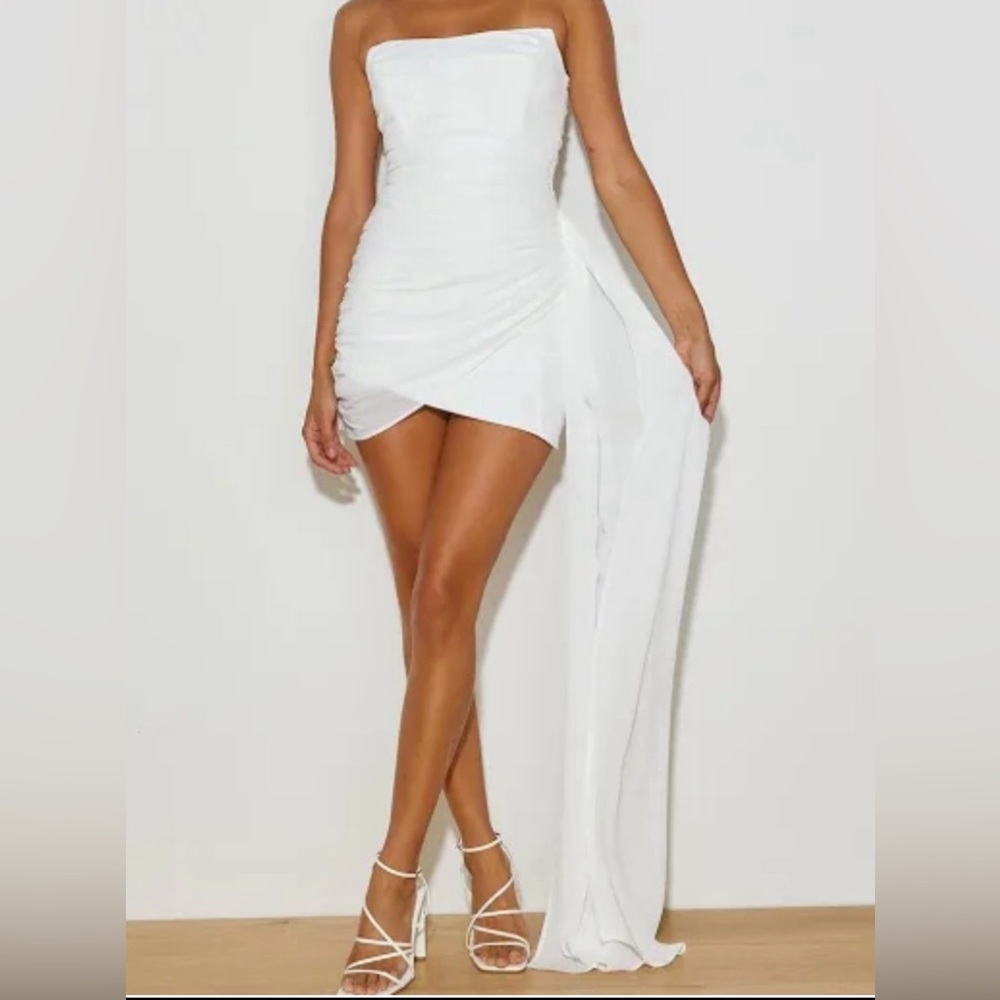 Runaway The Label Night Lover Strapless White Mini Dress with Drape Detail